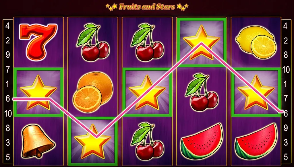 Rodillos de Fruits and Stars con estrellas Scatter y una línea ganadora